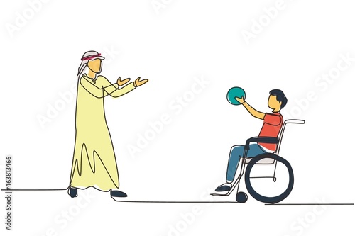 Single one line drawing joyful disabled young Arabian man in wheelchair playing basketball. Concept of adaptive sports for disabled people. Continuous line draw design graphic vector illustration