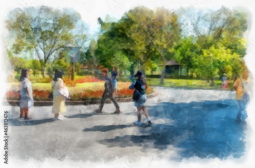 park landscape watercolor style illustration impressionist painting.