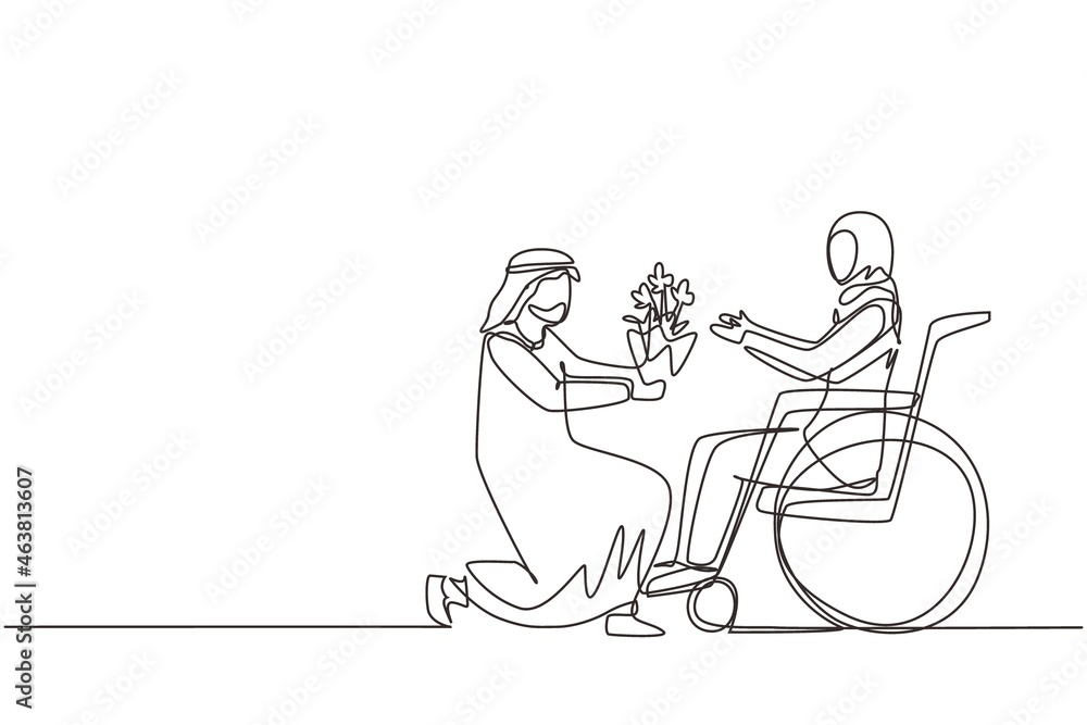 Single continuous line drawing Arab male and disabled female in wheelchair. Man give bouquet of flower to woman. Caregiver, family moral support. Disability rehabilitation. One line draw design vector Single continuous line drawing Arab male and disabled female in wheelchair. Man give bouquet of flower to woman. Caregiver, family moral support. Disability rehabilitation. One line draw design vector