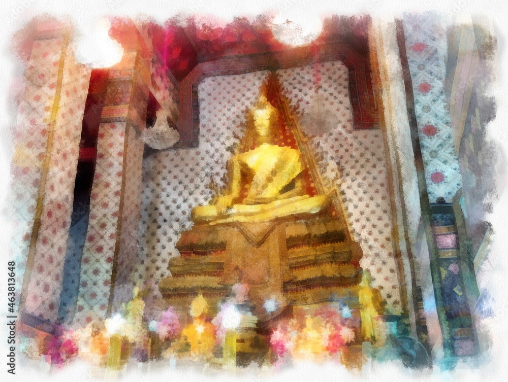 Fototapeta premium Ancient architecture of Thailand watercolor style illustration impressionist painting.