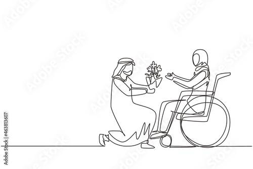 Single continuous line drawing Arab male and disabled female in wheelchair. Man give bouquet of flower to woman. Caregiver, family moral support. Disability rehabilitation. One line draw design vector
