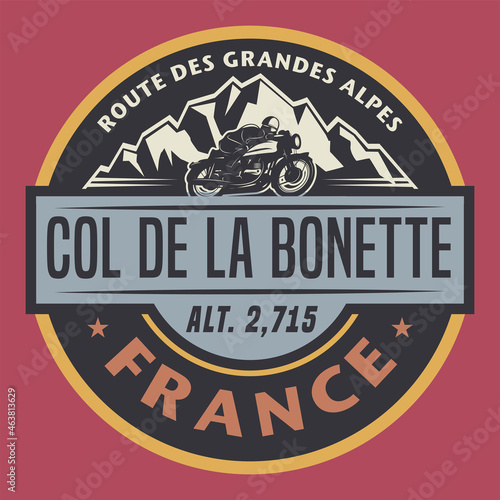Abstract stamp or emblem with the name of Col de la Bonette, France
