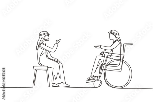 Single continuous line drawing two Arabian people sitting chatting  one using chair  one using wheelchair. Friendly man are talking to each other  human disabled society. One line draw design vector