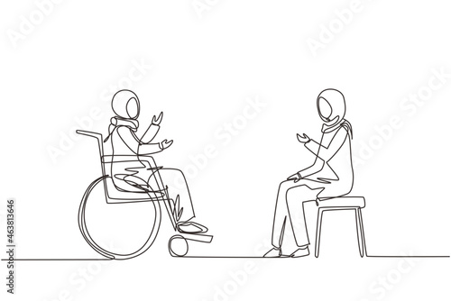 Single one line drawing two Arab people sitting chatting, one using chair and one using wheelchair. Friendly woman are talking to each other, human disabled society. Continuous line draw design vector