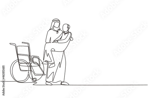 Continuous one line drawing loving Arab son took his old disabled father from wheelchair carrying him in his arms. Happy senior man in hugs of his strong child. Single line draw design vector graphic