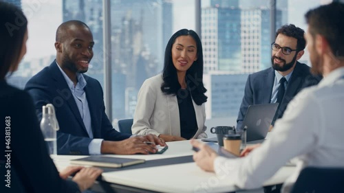 Wallpaper Mural Office Conference Room Meeting: Diverse Team of Top Managers Talk, Celebrate, Applaud Finding Successful Solution for Business Deal. Investment Strategy in e-Commerce Startup. Wide Medium Torontodigital.ca