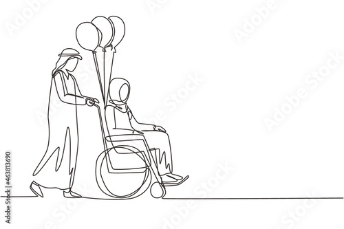 Single one line drawing disability people. Arabian man carries disabled woman in wheelchair. Accessibility, rehabilitation invalid person activities. Continuous line draw design vector illustration