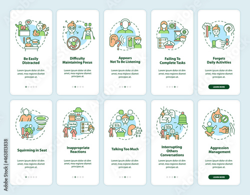 ADHD symptoms in adults onboarding mobile app page screen set. Hyperactive kid signs walkthrough 5 steps graphic instructions with concepts. UI, UX, GUI vector template with linear color illustrations