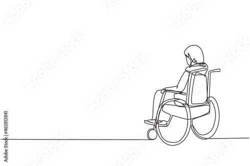 Single one line drawing back side of lonely old Arab woman sitting on wheelchair, looking at distant dry autumn leaves. Lonely, forlorn, desolate, lonesome. Continuous line vector design illustration