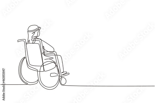 Continuous one line drawing back side of lonely old Arab man sitting on wheelchair, looking at distant dry autumn leaves in outside. Lonely, forlorn, desolate, lonesome. Single line draw design vector