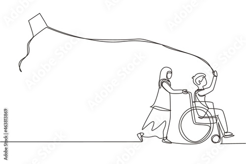 Single one line drawing happy child disabled concept. Hand drawn little Arab girl pushing boy in wheel chair with flying kite. Disabled has fun outside. Continuous line draw design vector illustration