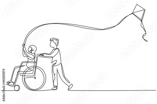 Single continuous line drawing happy child disabled concept. Hand drawn Arab boy pushing little girl in wheel chair with flying kite. Disabled has fun outside. One line draw design vector illustration