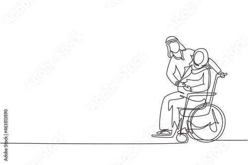 Continuous one line drawing Arabian male touching belly of disabled pregnant woman sitting on wheelchair. Happy family relations, pregnancy, loving people awaiting baby. Single line draw design vector
