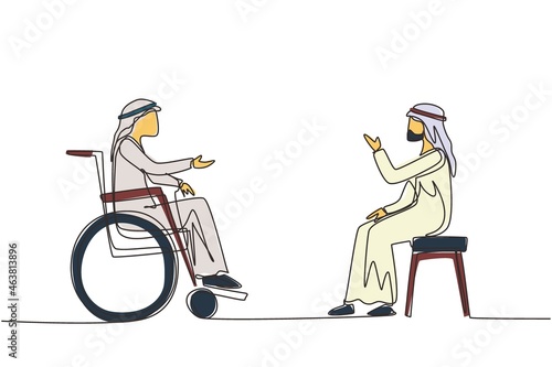 Single continuous line drawing two Arabian people sitting chatting, one using chair, one using wheelchair. Friendly man are talking to each other, human disabled society. One line draw design vector