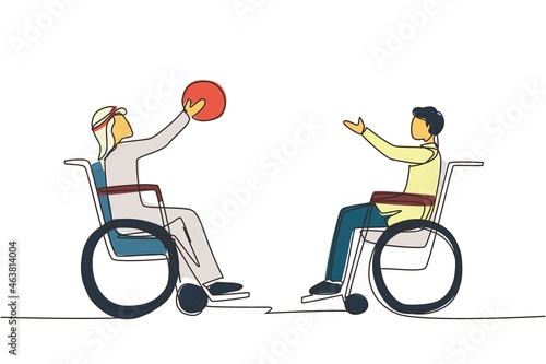 Single one line drawing joyful disabled young Arabian man in wheelchair playing basketball. Concept of adaptive sports for disabled people. Continuous line draw design graphic vector illustration