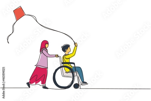 Single one line drawing happy child disabled concept. Hand drawn little Arab girl pushing boy in wheel chair with flying kite. Disabled has fun outside. Continuous line draw design vector illustration