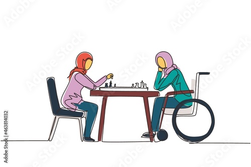 Continuous one line drawing disabled young Arabian woman in wheelchair plays chess with friend. People on social adaptation, hobby, tolerance, accessibility, diversity. Single line draw design vector