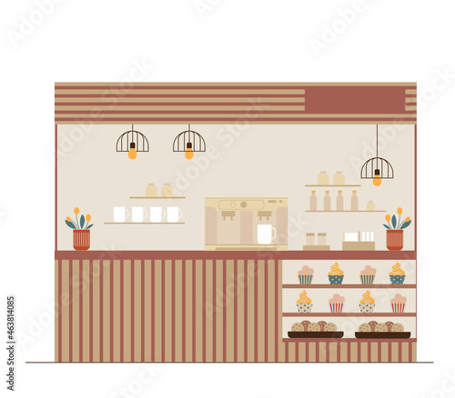 Cozy modern cafe outdoor with a coffee and bakery takeaway. 