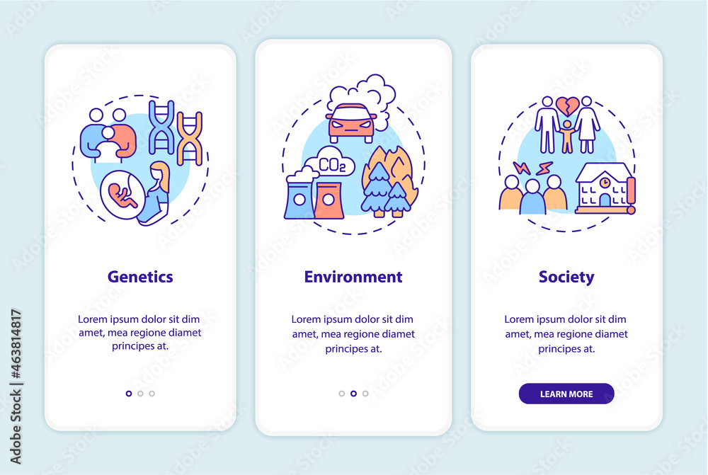 ADHD causes onboarding mobile app page screen. Genetics and environment walkthrough 3 steps graphic instructions with concepts. UI, UX, GUI vector template with linear color illustrations