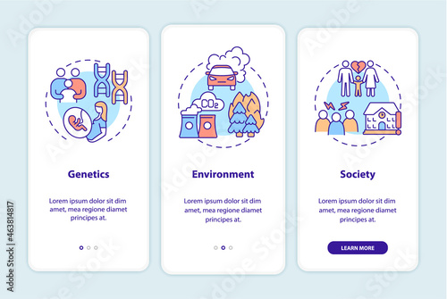 ADHD causes onboarding mobile app page screen. Genetics and environment walkthrough 3 steps graphic instructions with concepts. UI, UX, GUI vector template with linear color illustrations