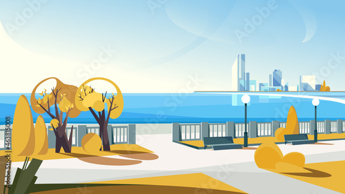 City embankment in autumn season. Beautiful urban scene.