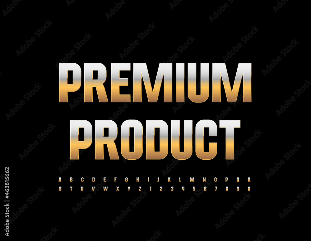 Vector business Sign Premium Product. Elegant Golden Font. Metallic Alphabet Letters and Numbers set