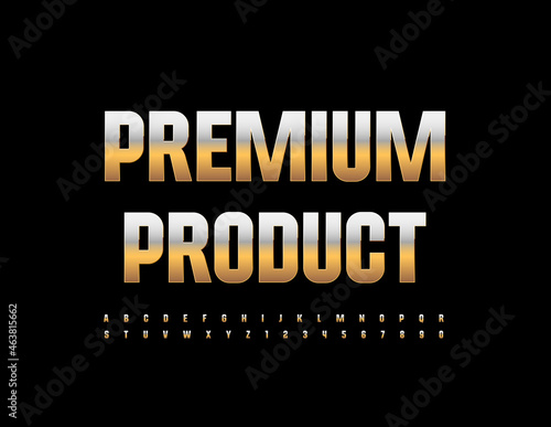 Vector business Sign Premium Product. Elegant Golden Font. Metallic Alphabet Letters and Numbers set