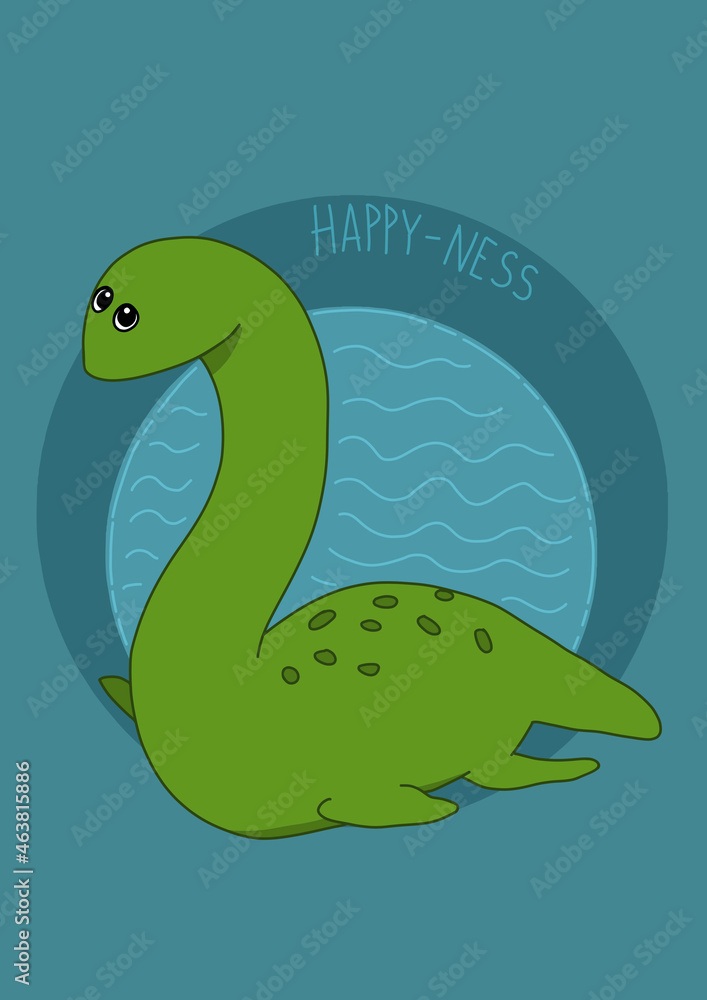 Nessie Loch Ness Monster illustration, poster picture, children's Nessie Loch Ness Monster illustration, poster picture, children's