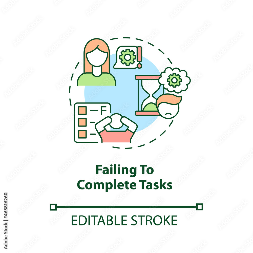 Failing to complete tasks concept icon. Inattentive symptom abstract idea thin line illustration. Lack of motivation. Willpower deficit. Vector isolated outline color drawing. Editable stroke Failing to complete tasks concept icon. Inattentive symptom abstract idea thin line illustration. Lack of motivation. Willpower deficit. Vector isolated outline color drawing. Editable stroke