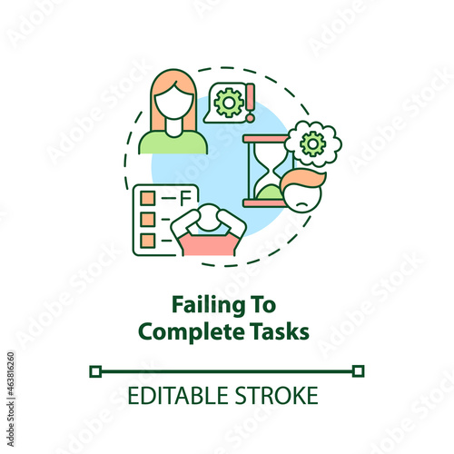Failing to complete tasks concept icon. Inattentive symptom abstract idea thin line illustration. Lack of motivation. Willpower deficit. Vector isolated outline color drawing. Editable stroke