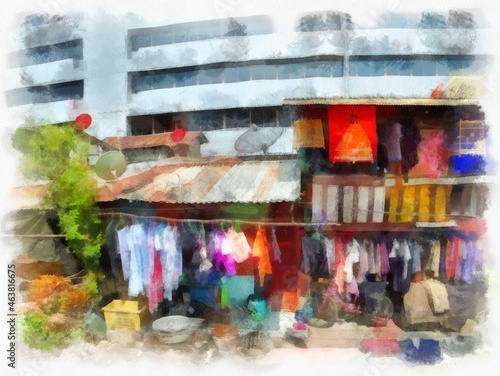 landscape of urban slum housing watercolor style illustration impressionist painting. © Kittipong