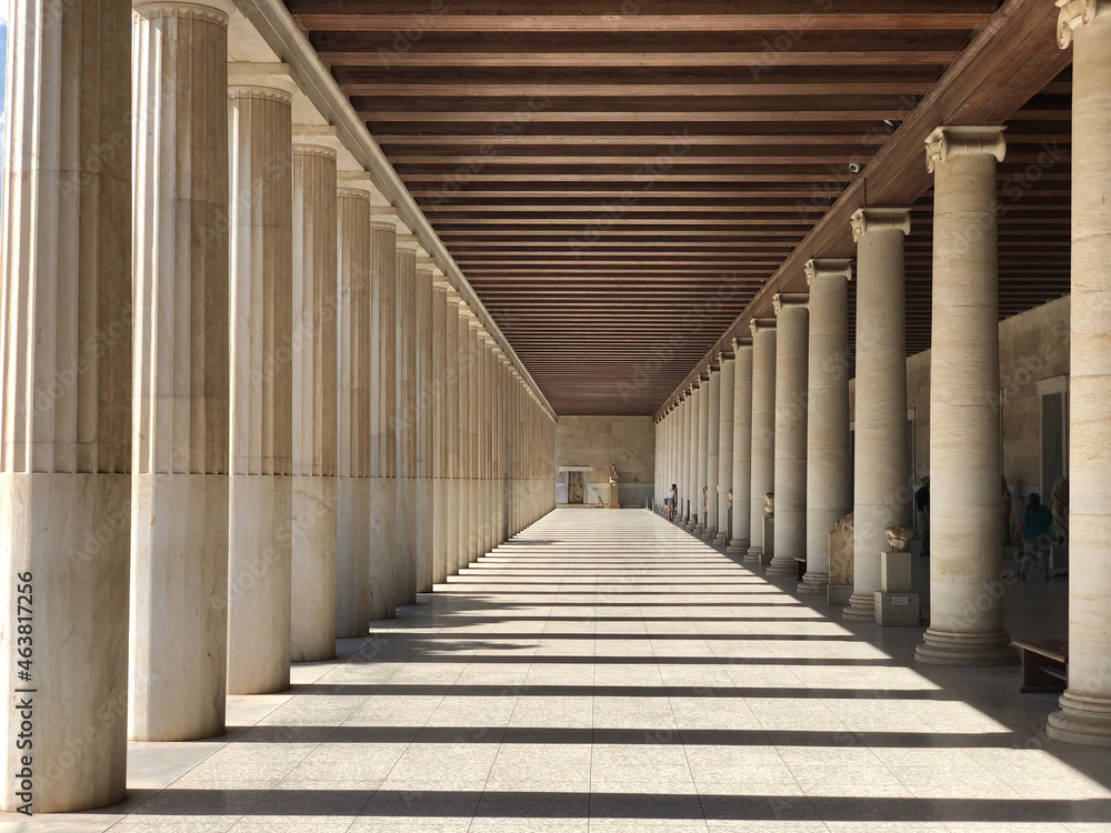 Symmetrical temple in Athens in Greece. Pillars, lines.