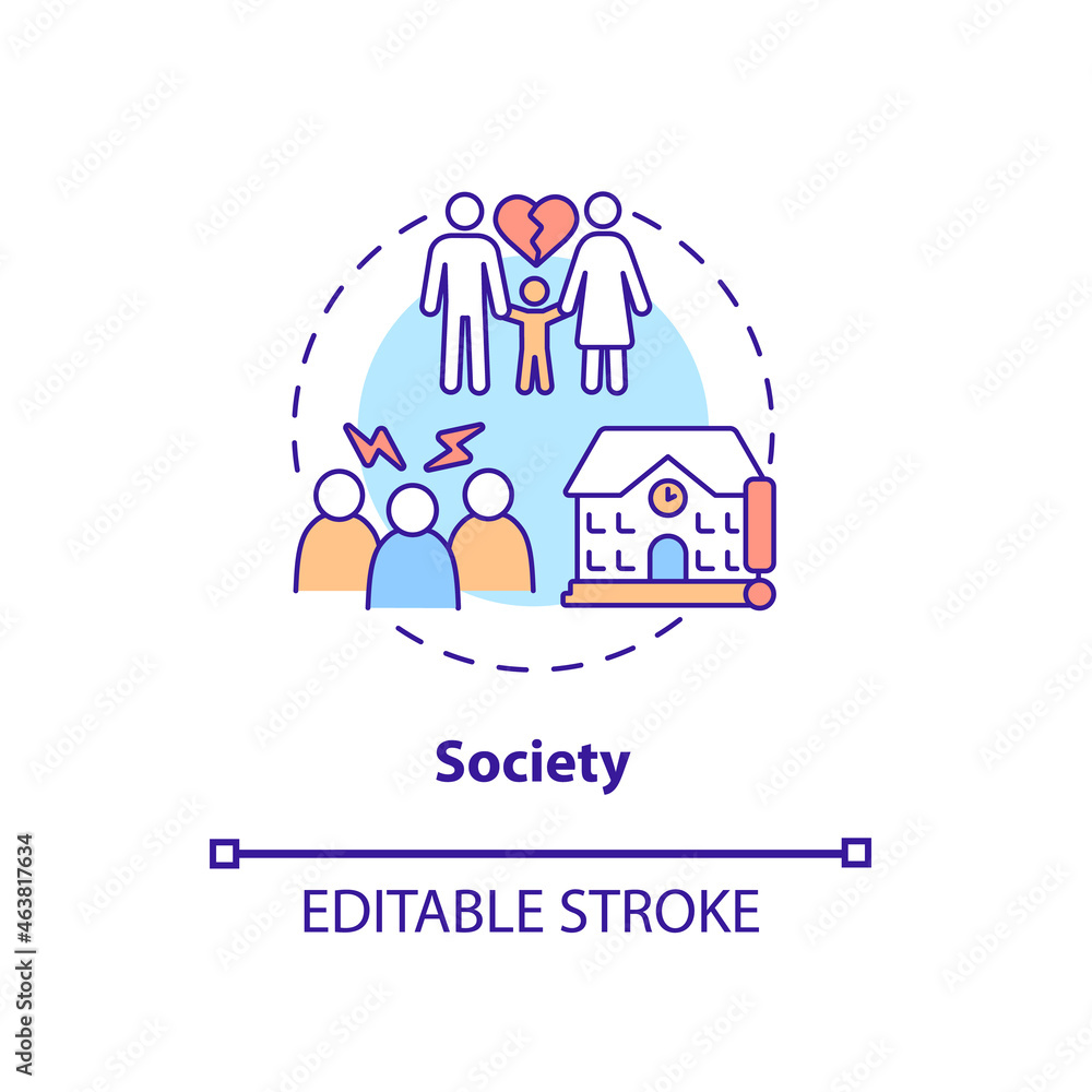 Society concept icon. ADHD cause abstract idea thin line illustration. Changes in brain structure. Child with traumatic experiences. Vector isolated outline color drawing. Editable stroke