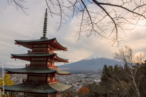 View of Mount Fuji with a pagoda in the dusk, Japan