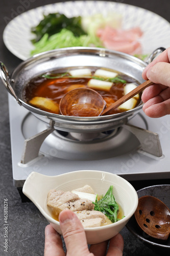 negima nabe (tuna and scallion hot pot ), traditional japanese cuisine photo