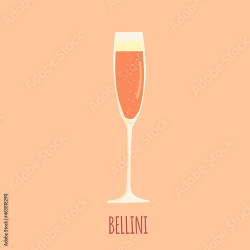 Hand drawn cartoon vector illustration of Bellini alcoholic summer cocktail. Mix of champagne or prosecco and peach nectar. Isolated on white.
