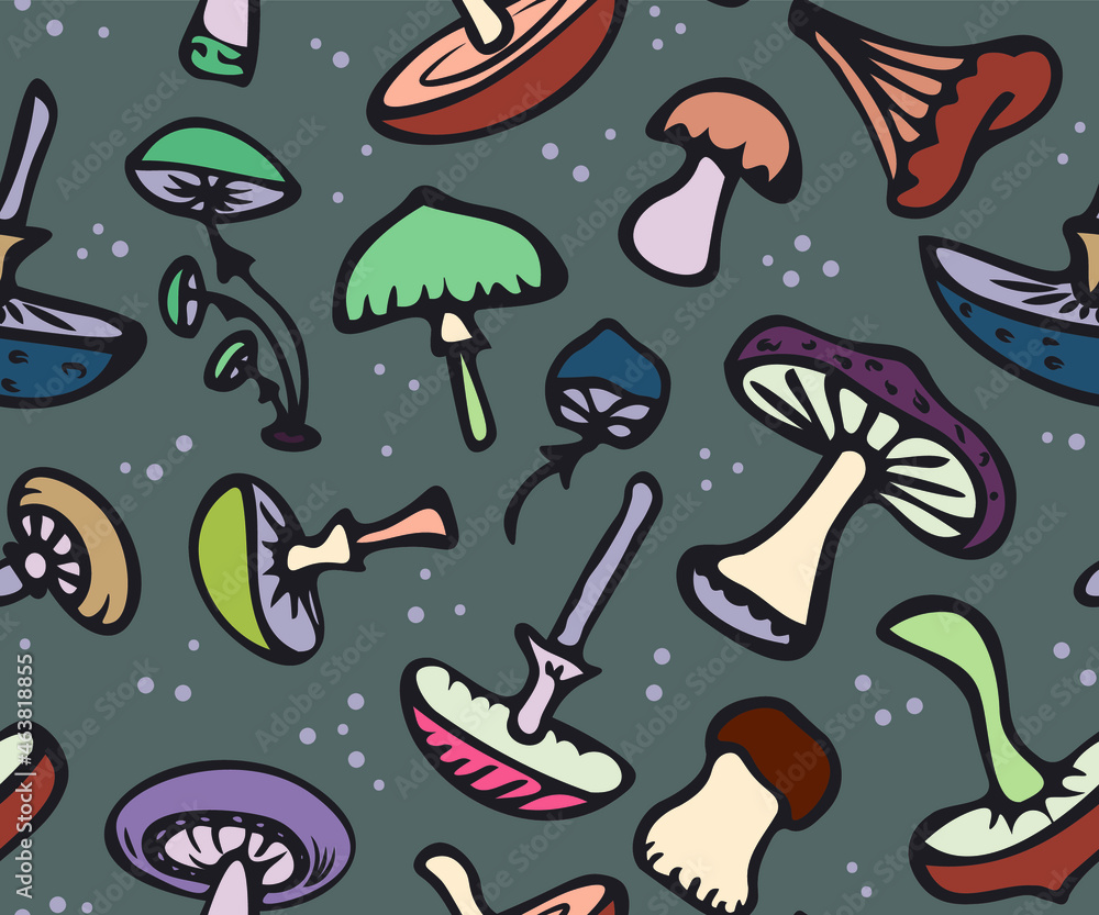Vector image. Seamless pattern use for printing on fabric, wrapping paper. Colored doodle mushrooms on a gray background. Cartoon style. Vector image. Seamless pattern use for printing on fabric, wrapping paper. Colored doodle mushrooms on a gray background. Cartoon style.