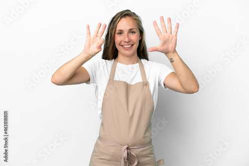 Restaurant waiter caucasian woman isolated on white background counting eight with fingers