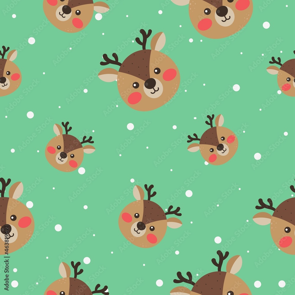 Christmas reindeer seamless pattern on green background. vector Illustration.