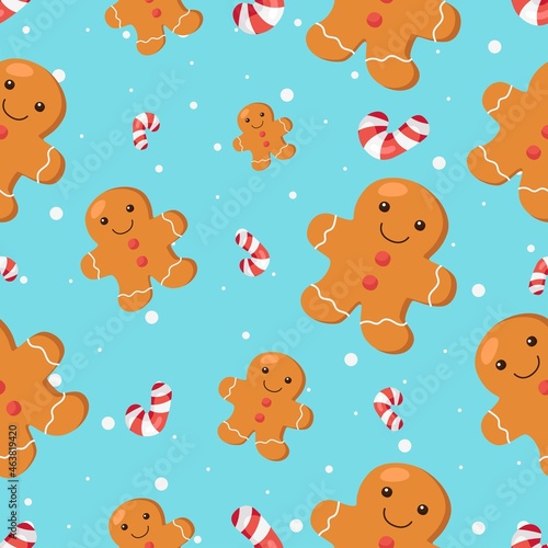 seamless pattern christmas background with gingerbread on blue background. vector Illustration.