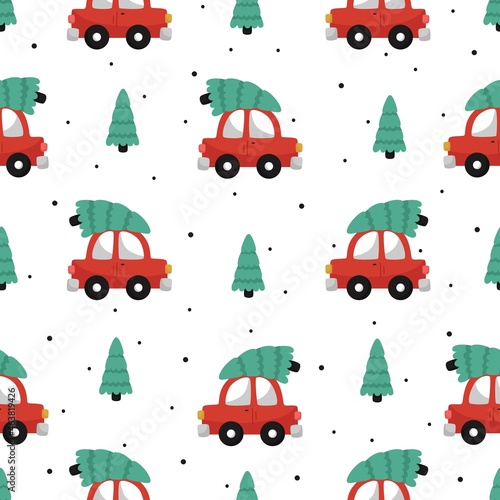 Seamless pattern with car and christmas tree on white background. vector Illustration.