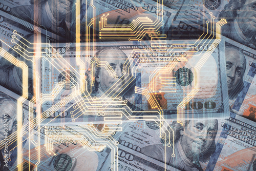 Double exposure of tech theme drawing over usa dollars bill background. Concept of technology. © peshkova