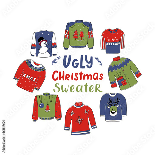 Ugly Christmas party sweater set, with lettering and elements isolated on white background. Vector illustration for holiday design