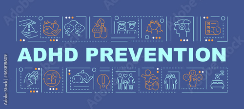 ADHD prevention word concepts banner. Behavioral treatments. Infographics with linear icons on blue background. Isolated creative typography. Vector outline color illustration with text