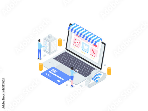 Online Shopping Isometric Flat Illustration. Suitable for Mobile App, Website, Banner, Diagrams, Infographics, and Other Graphic Assets.