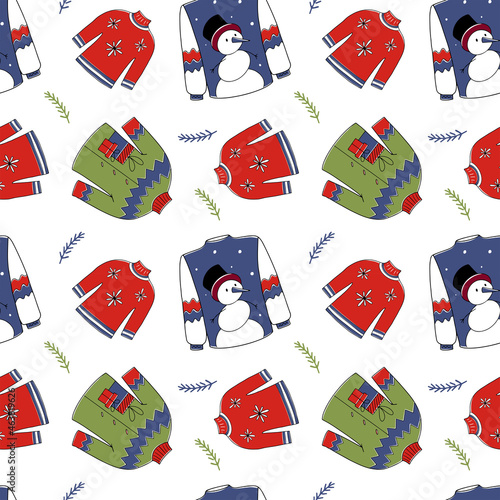 Ugly Christmas sweater seamless pattern with multicolored sweaters on a white background. Vector endless texture for holiday design