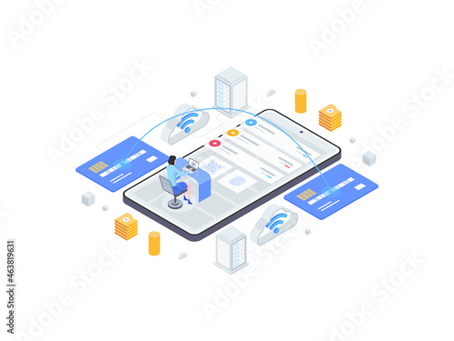 Mobile Transfer Isometric Flat Illustration. Suitable for Mobile App, Website, Banner, Diagrams, Infographics, and Other Graphic Assets.