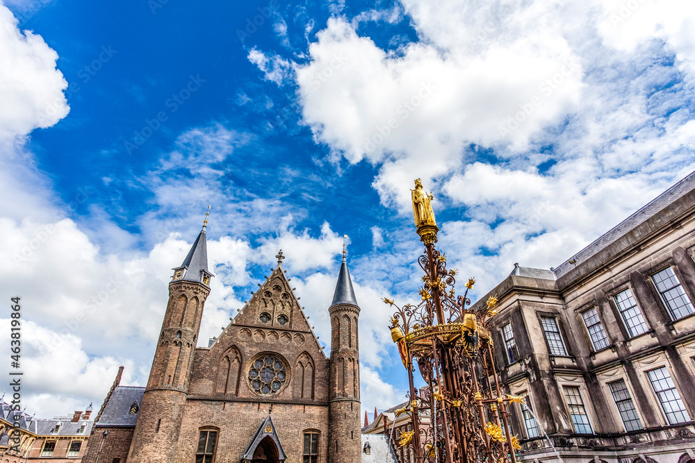 Fototapeta premium View at the Binnenhof with the fountain and the Ridderzaal, the government buildings in The Hague, The Netherlands, Europe