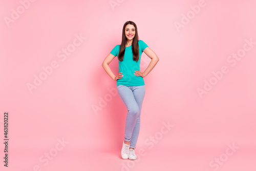 Full body photo of young attractive woman happy positive smile wear casual outfit isolated over pastel color background