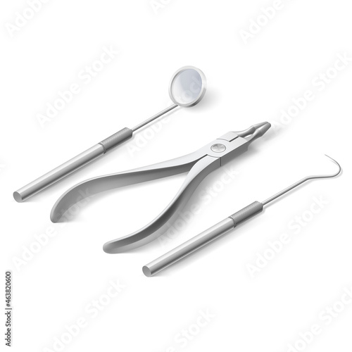 Basic Dentist Instruments and Tools Laid out Against White Background. An Isometric Set of Medical Equipment for Teeth Dental Care. Dental Hygiene and Healthcare Concept